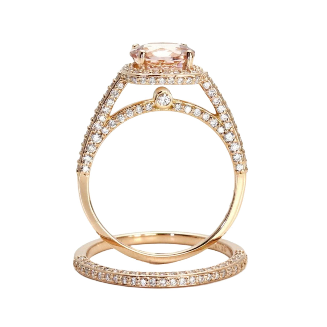 2ct Morganite Halo Wedding Set, Cathedral Setting with Hidden Diamond in Gallery, Pave Diamond Band