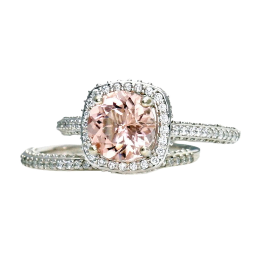 2ct Morganite Bridal Set, Round Morganite Engagement Ring with Diamond Halo and Matching Band in White Gold