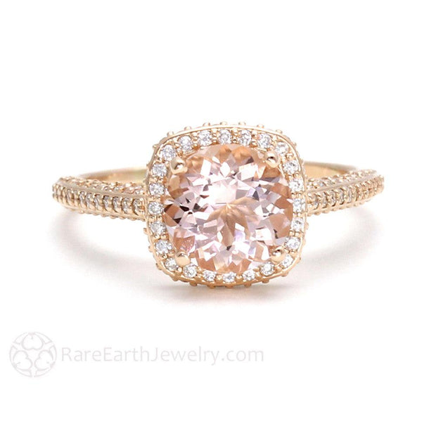 2 Carat Morganite Halo Wedding Set with Pave Diamonds 14K Rose Gold - Rare Earth Jewelry