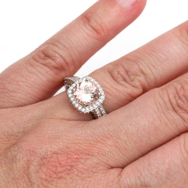 2 Carat Morganite Halo Wedding Set with Pave Diamonds Platinum - Rare Earth Jewelry