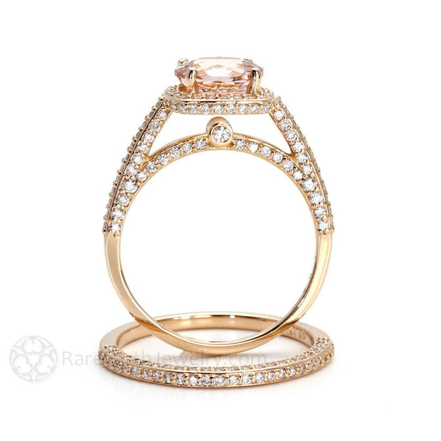 2 Carat Morganite Halo Wedding Set with Pave Diamonds 14K Rose Gold - Rare Earth Jewelry