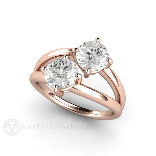 2 Stone Duo Engagement Ring Duo Style in Forever One Moissanite 18K Rose Gold - Rare Earth Jewelry