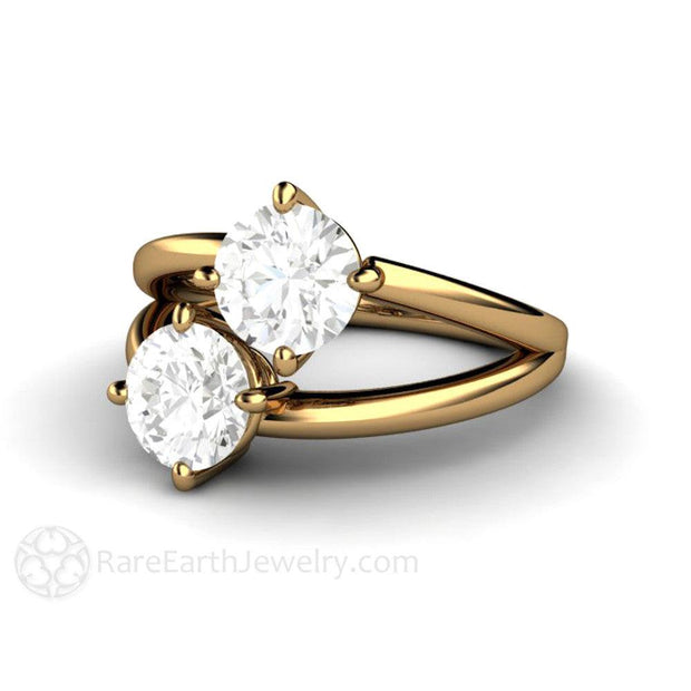2 Stone Duo Engagement Ring Duo Style in Forever One Moissanite 18K Yellow Gold - Rare Earth Jewelry