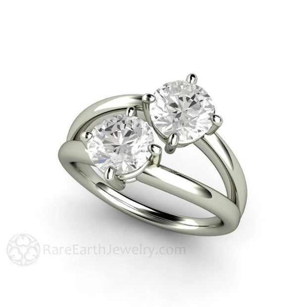 2 Stone Duo Engagement Ring Duo Style in Forever One Moissanite 14K White Gold - Rare Earth Jewelry