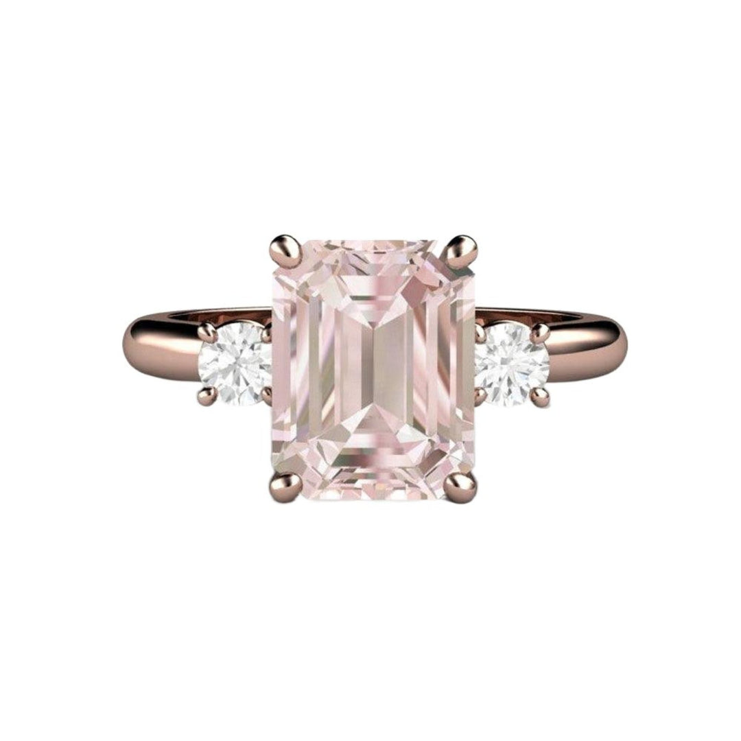 2ct Emerald Cut Pink Morganite Engagement Ring, 3 Stone Diamond Setting, Gold or Platinum