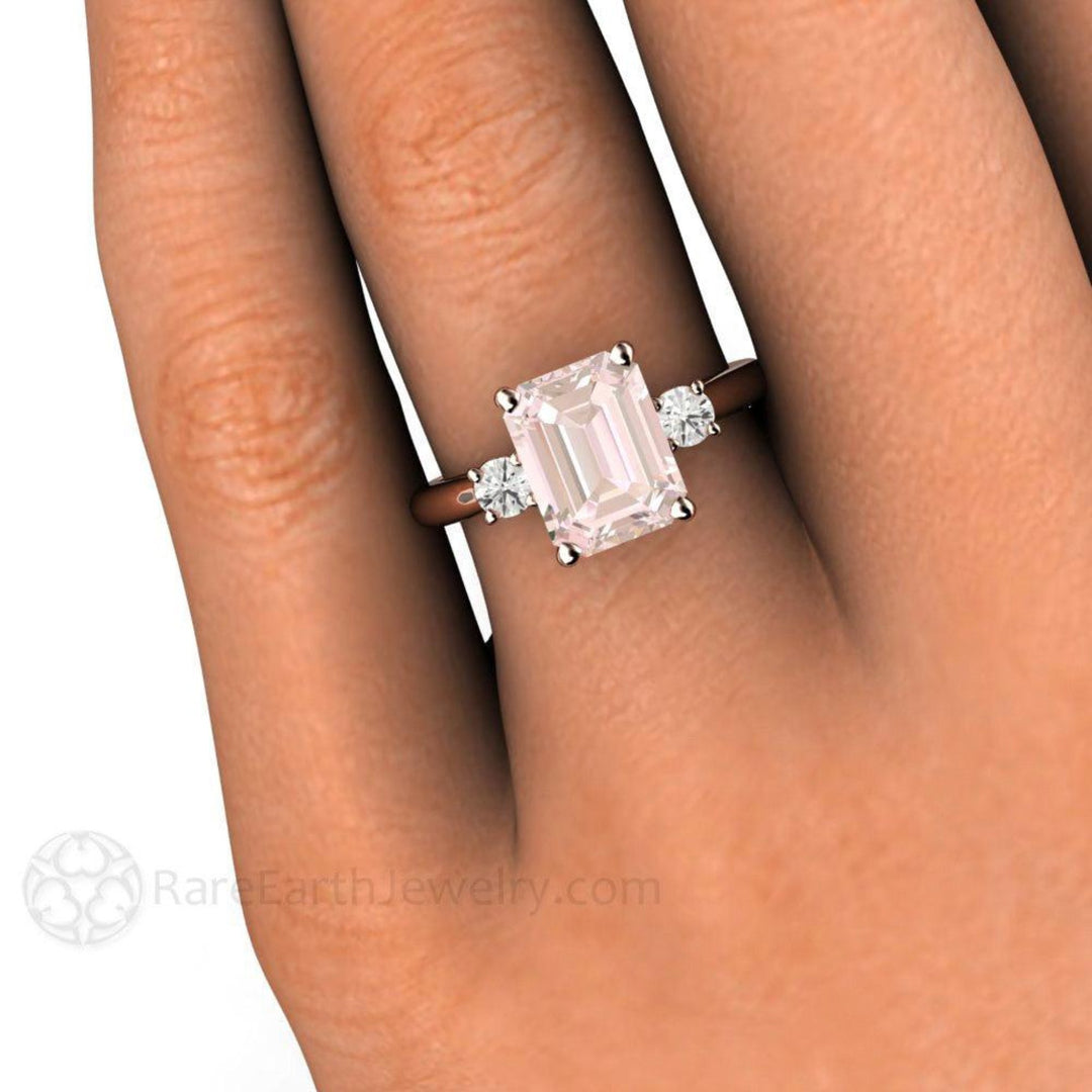 2 Carat Emerald Cut Pink Morganite Ring, 9x7mm Emerald Cut on the Finger