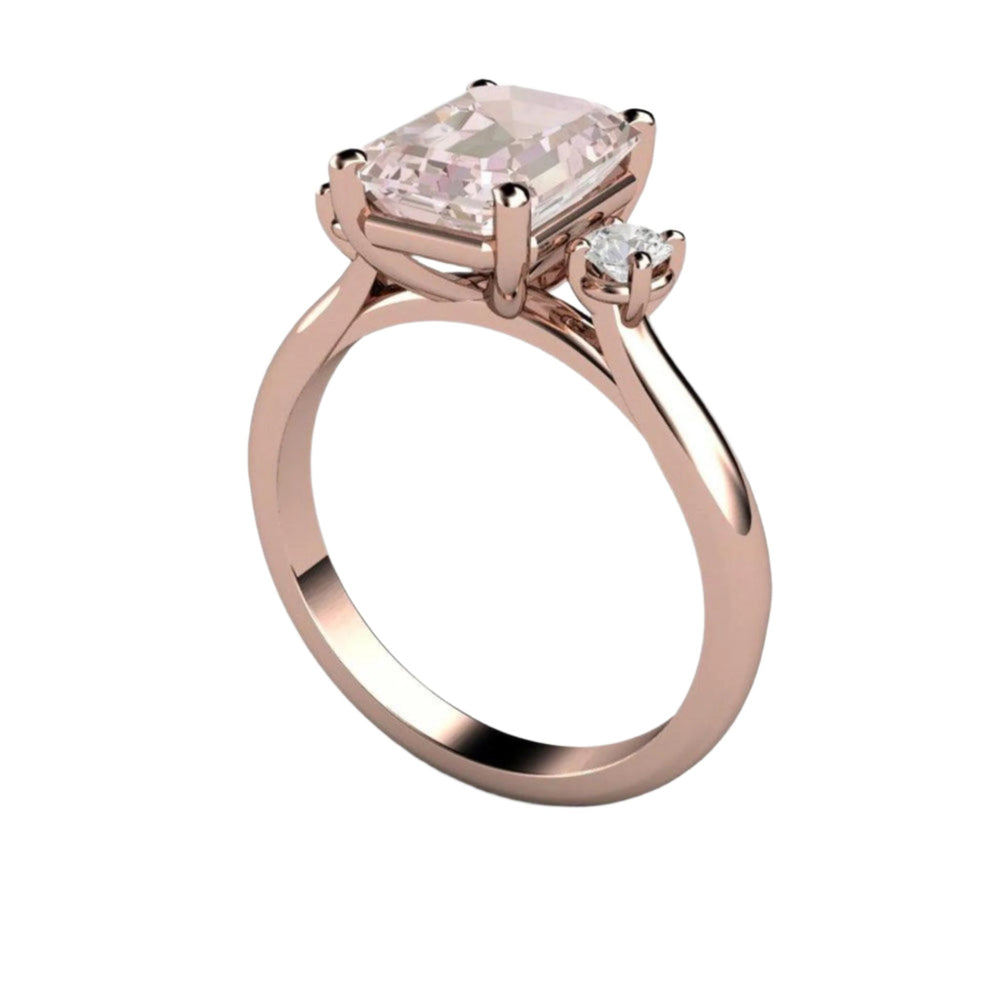 2ct Emerald Cut Pink Morganite Engagement Ring, 3 Stone Style, Diamond Accents, Rose Gold