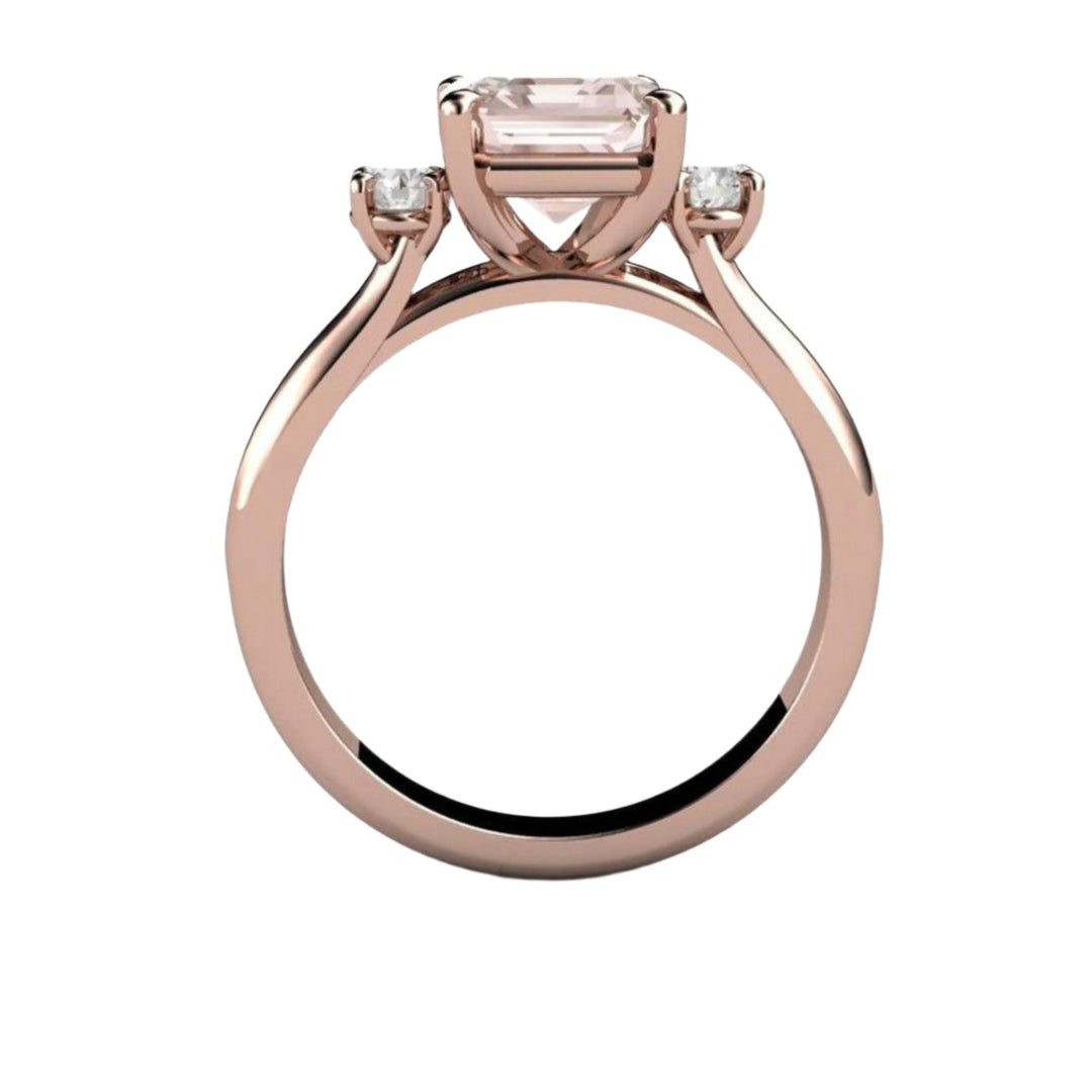 2ct Emerald Cut Pink Morganite Engagement Ring, 3 Stone with Diamonds, Profile view