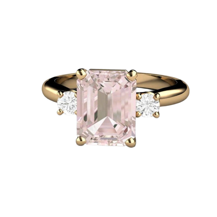 2ct Emerald Cut Pink Morganite and Diamond Ring, Three Stone Design, Diamond Side Stones