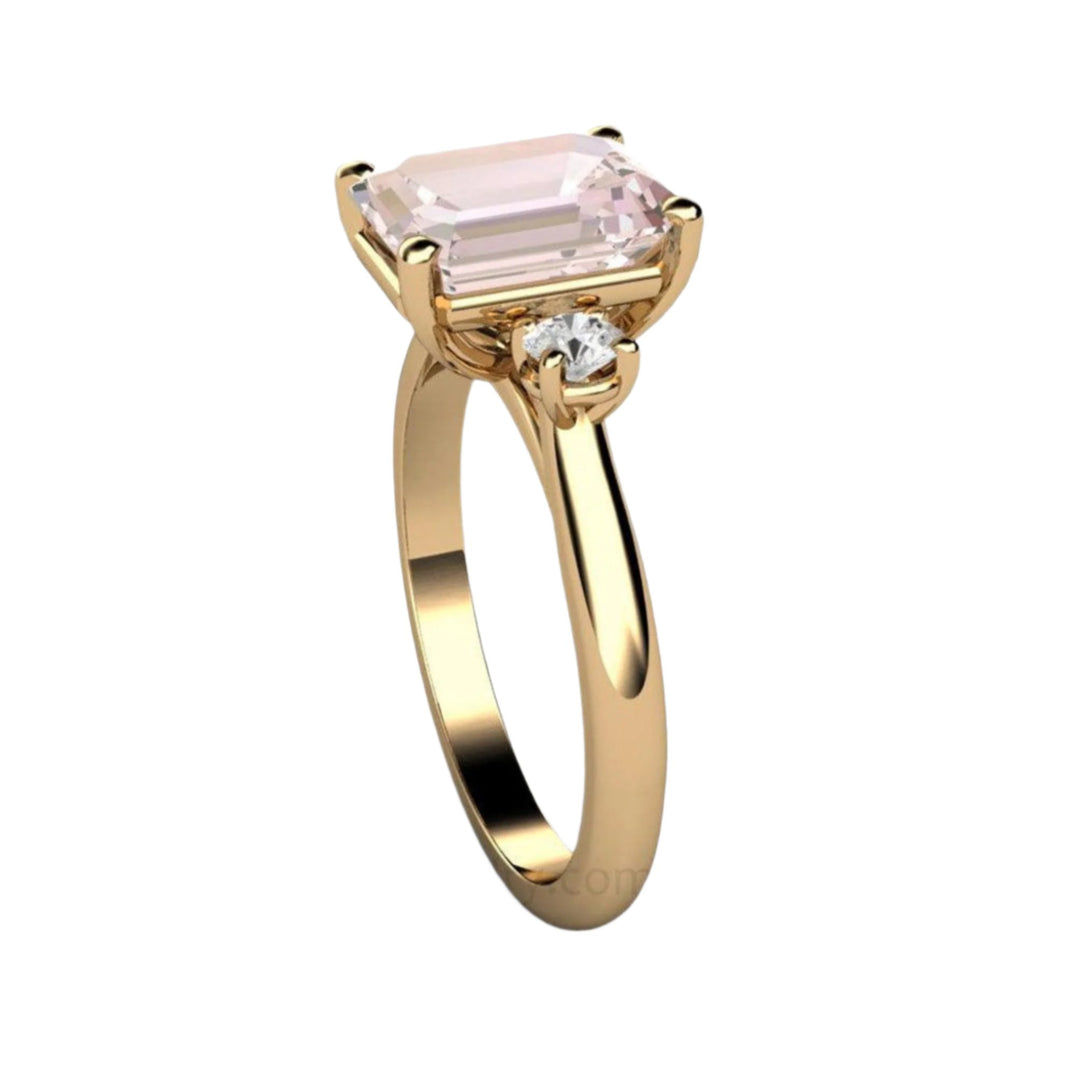 2 Carat Emerald Cut Morganite 3 Stone Ring, Side View, Yellow Gold