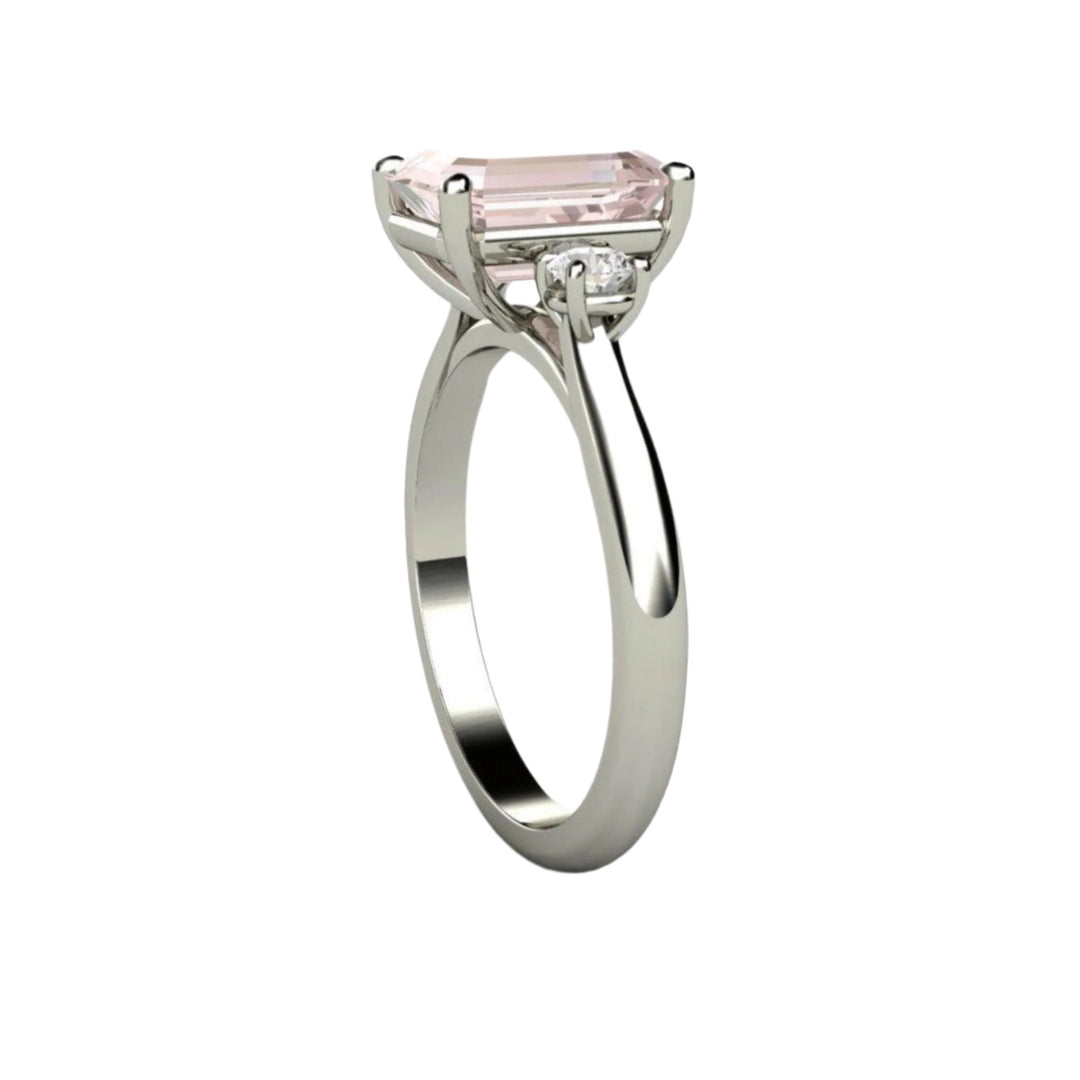 Morganite 3 Stone Engagement Ring, 9x7mm Emerald Cut Natural Morganite Ring, White Gold, Side View