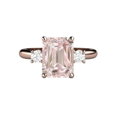 2ct Pink Morganite Ring Engagement 3 Stone with Diamonds 14K Rose Gold - Rare Earth Jewelry