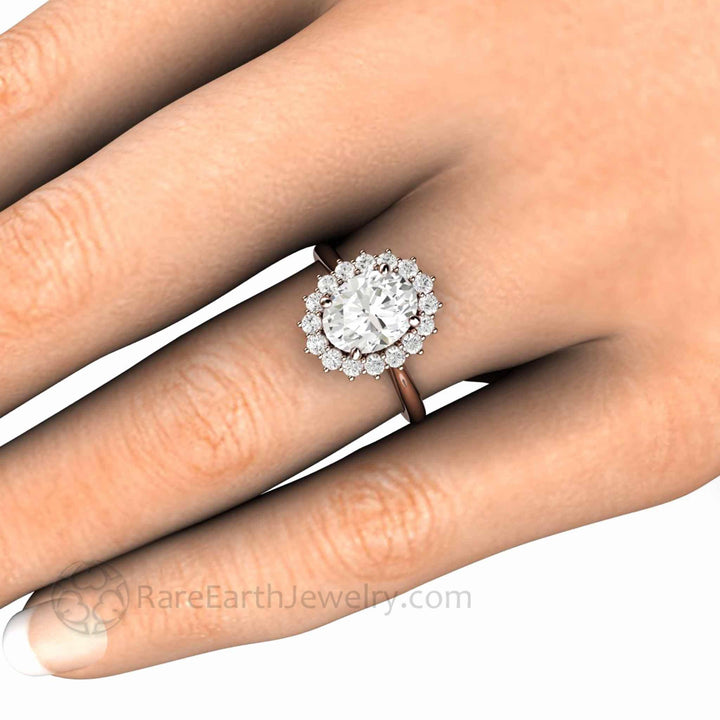 2 Carat Oval Moissanite Engagement Ring on the Hand, Heirloom-Style Cluster Design