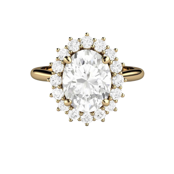 2ct Oval Moissanite Halo Engagement Ring, 14K Yellow Gold, Vintage Style Cluster, Sustainable Luxury