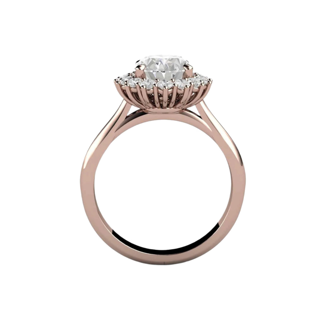 2ct Oval Moissanite Engagement Ring, Heirloom-Style Halo, Profile View showing Decorative Gallery