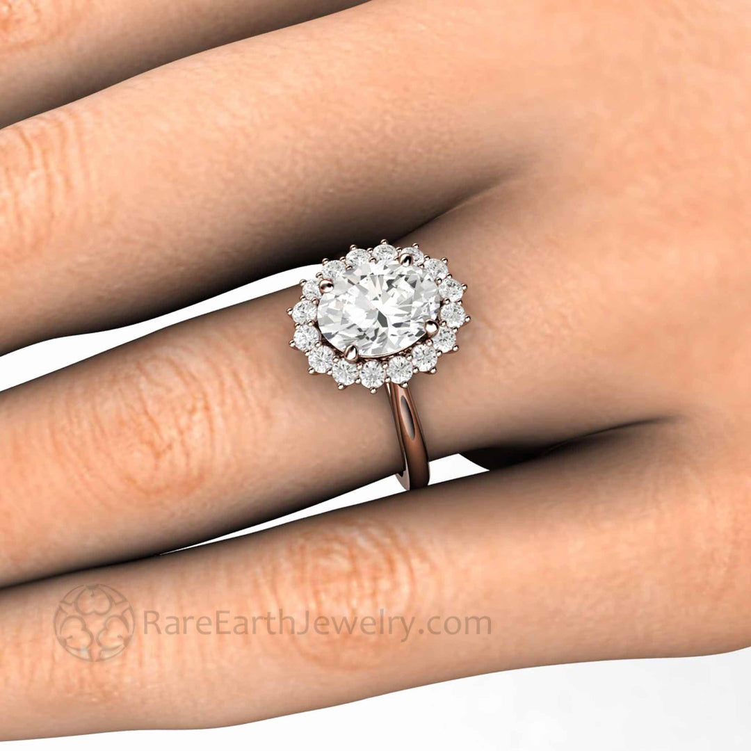 2ct Oval Moissanite Engagement Ring, Vintage Style Halo, 9x7 Oval Moissanite Ring on the Hand