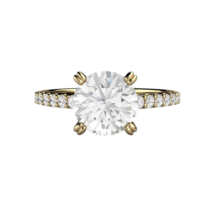 2ct Round Moissanite Solitaire Engagement Ring, Classic Cathedral Setting, Pave Band in Gold or Platinum