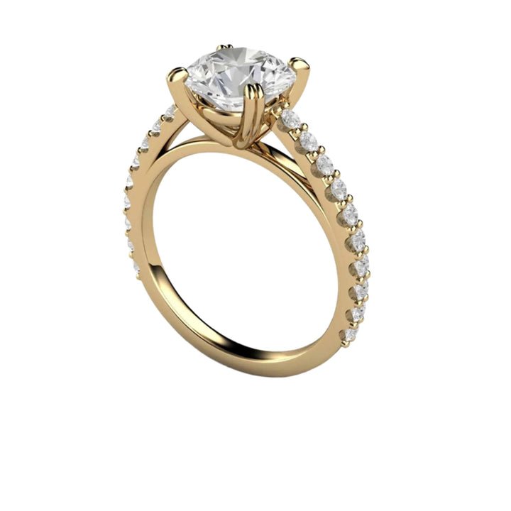 2ct Round Moissanite Solitaire Engagement Ring, Double Pronged Setting, Pavé Set Band, 14K Yellow Gold