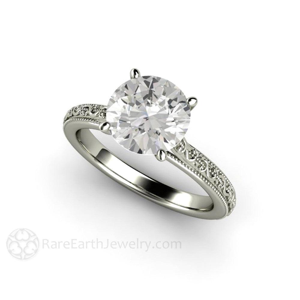 2ct Moissanite Engagement Ring Vintage Solitaire Milgrain Filigree - Rare Earth Jewelry