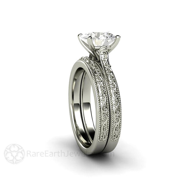 2ct Forever One Moissanite Engagement Ring Vintage Solitaire Milgrain Filigree Platinum - Wedding Set - Rare Earth Jewelry