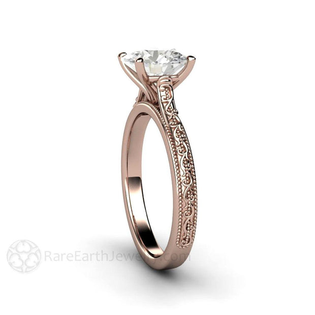 2ct Forever One Moissanite Engagement Ring Vintage Solitaire Milgrain Filigree 18K Rose Gold - Engagement Only - Rare Earth Jewelry
