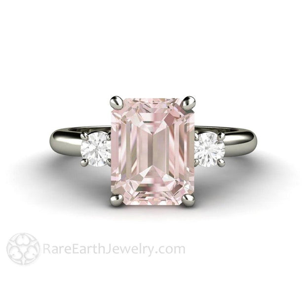 2ct Pink Morganite Ring Engagement 3 Stone with Diamonds - 14K White Gold - Emerald Octagon - Morganite - Peach - Rare Earth Jewelry
