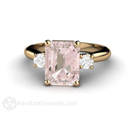 2ct Pink Morganite Ring Engagement 3 Stone with Diamonds - 14K Yellow Gold - Emerald Octagon - Morganite - Peach - Rare Earth Jewelry