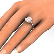 2ct Pink Morganite Ring Engagement 3 Stone with Diamonds - 18K White Gold - Emerald Octagon - Morganite - Peach - Rare Earth Jewelry
