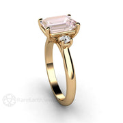 2ct Pink Morganite Ring Engagement 3 Stone with Diamonds - 18K Yellow Gold - Emerald Octagon - Morganite - Peach - Rare Earth Jewelry