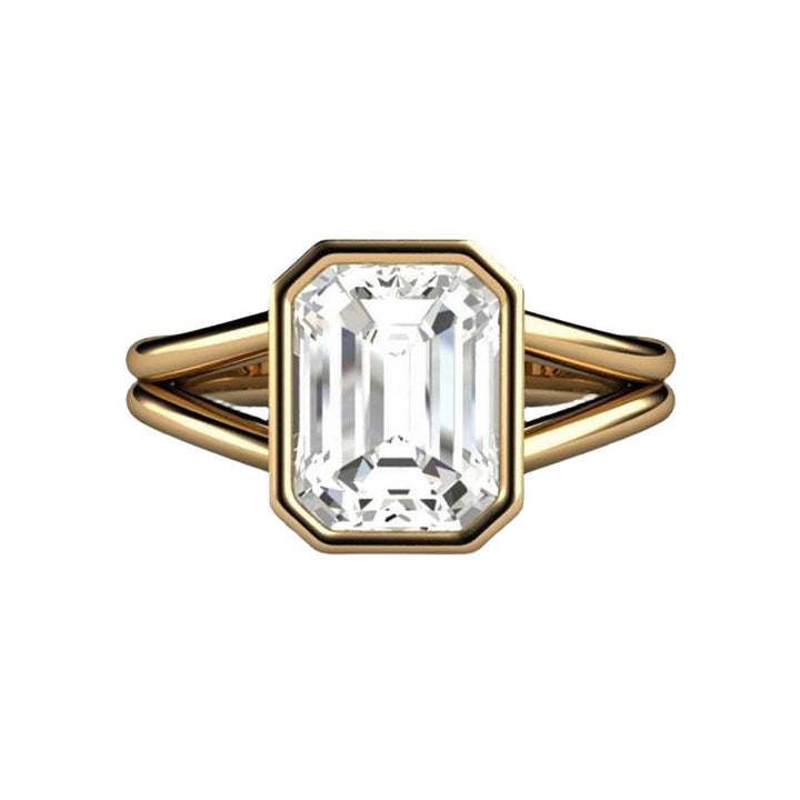 3 Carat Emerald Cut Lab Grown Diamond Ring, Bezel Set Solitaire Engagement Ring with Split Shank