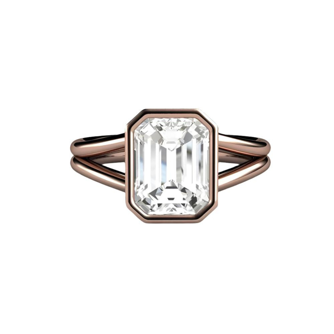 Rose Gold Lab Grown Diamond Ring, 3ct Emerald Cut Solitaire Bezel Set Engagement Ring with Split Shank