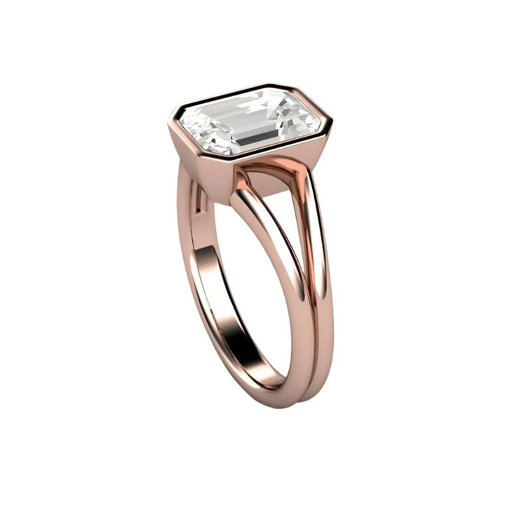 Side View, 3 Carat Emerald Cut Lab Grown Diamond Ring, Bezel Set Solitaire Engagement Ring with Split Shank