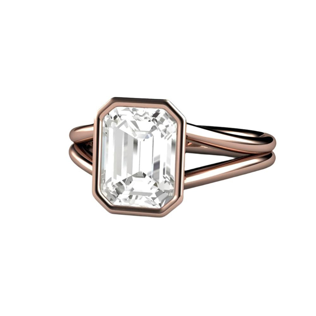 Emerald Cut Lab Grown Diamond Engagement Ring, 3 Carat Solitaire Bezel Set with Double Band, Rose Gold