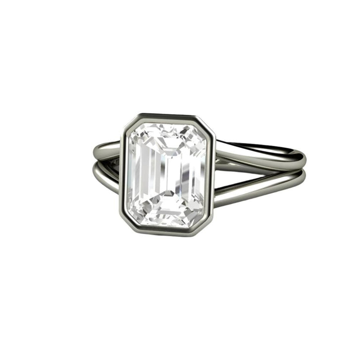 3ct Emerald Cut Lab Grown Diamond Engagement ring, Minimalist Bezel Set Solitaire Style, Shown in White Gold