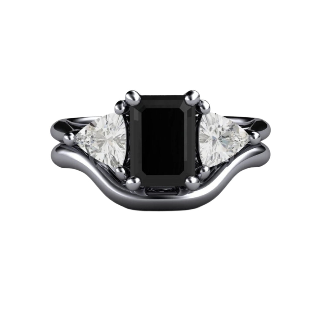 3 Stone Black Spinel Engagement Ring with White Sapphire Trillions, Bridal Set, Platinum