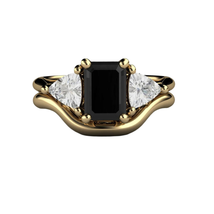 3 Stone Black Spinel Engagement Ring with White Sapphire Trillions, Wedding Set, 14K Yellow Gold