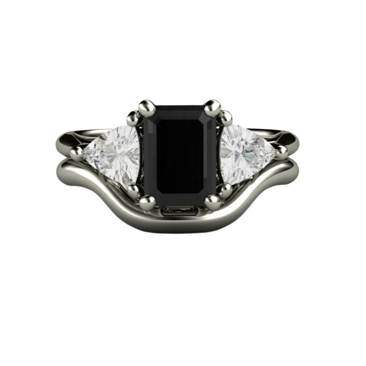 Emerald Cut Black Spinel Engagement Ring, Three Stone Style with White Sapphire Trillions, Bridal Set