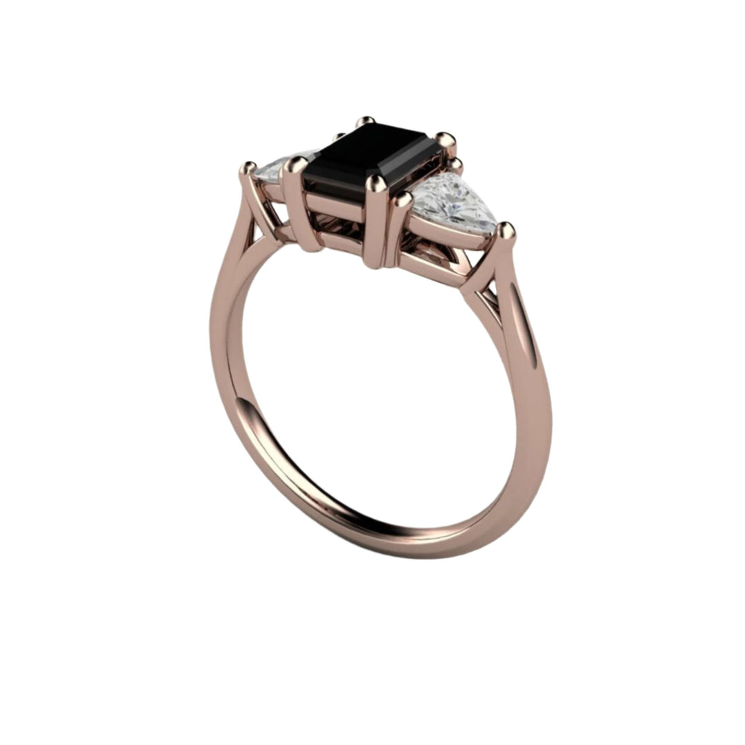 3 Stone Black Spinel Engagement Ring, Emerald Cut with White Sapphire Trillions