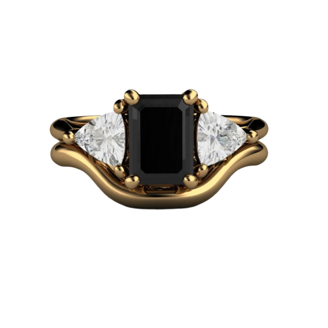 18K Yellow Gold Black Spinel 3 Stone Engagement Ring and Wedding Band