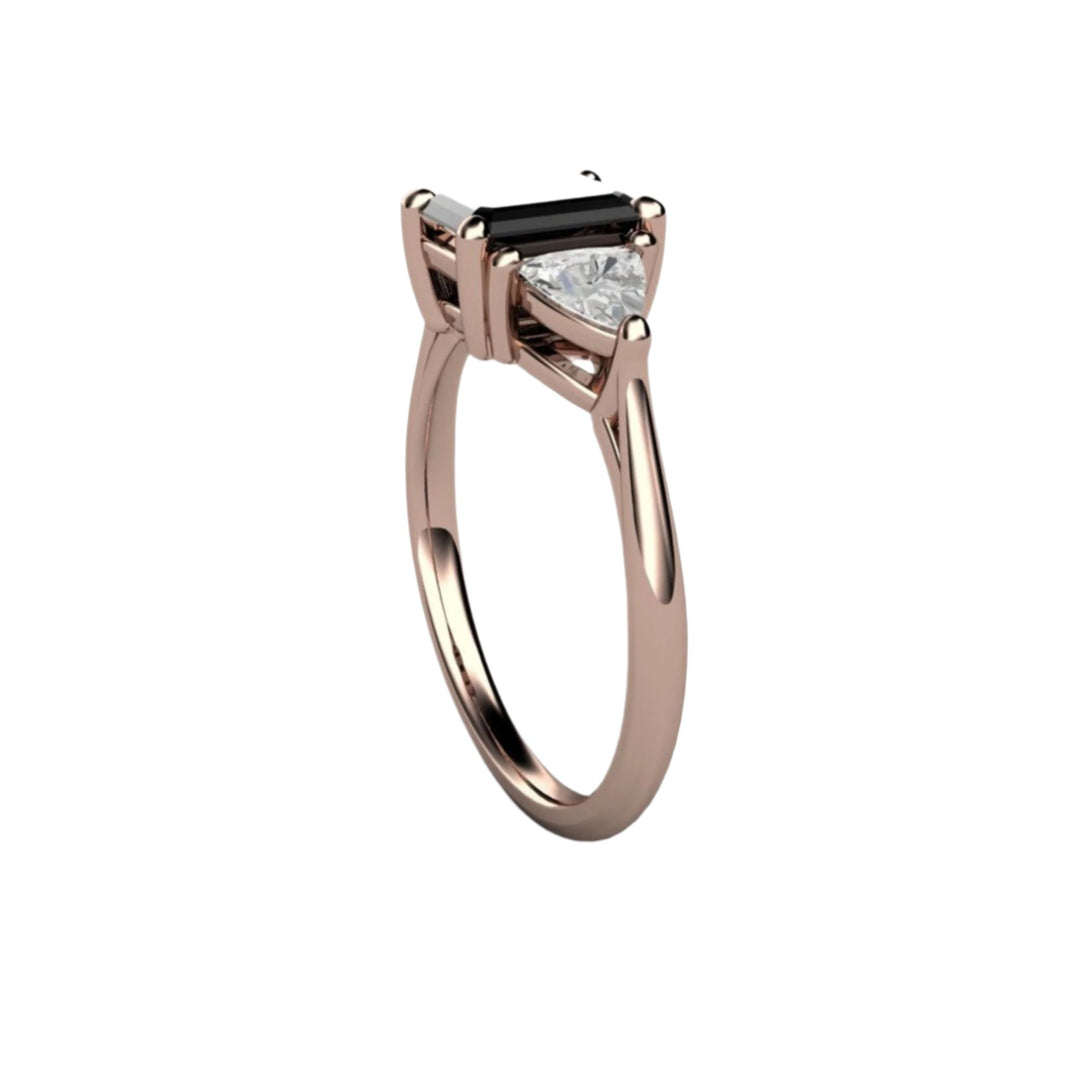 3 Stone Black Spinel Engagement Ring, Emerald Cut with White Sapphire Accents, Side View