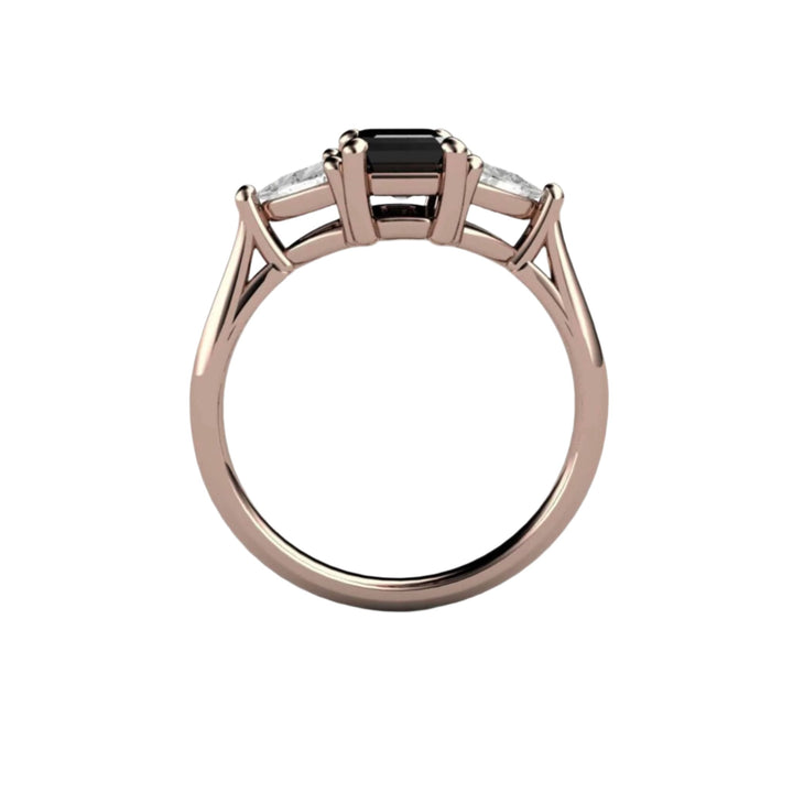 3 Stone Black Spinel Engagement Ring, Emerald Cut with White Sapphire Accents, Profile View