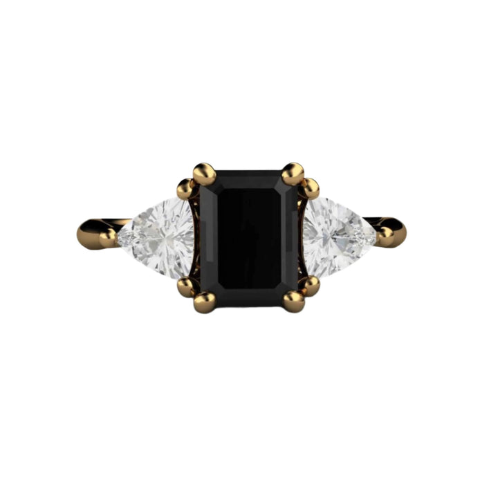 Emerald Cut Black Spinel Engagement Ring, 3 Stone Design with Triangles, Natural White Sapphires, 18K Yellow Gold