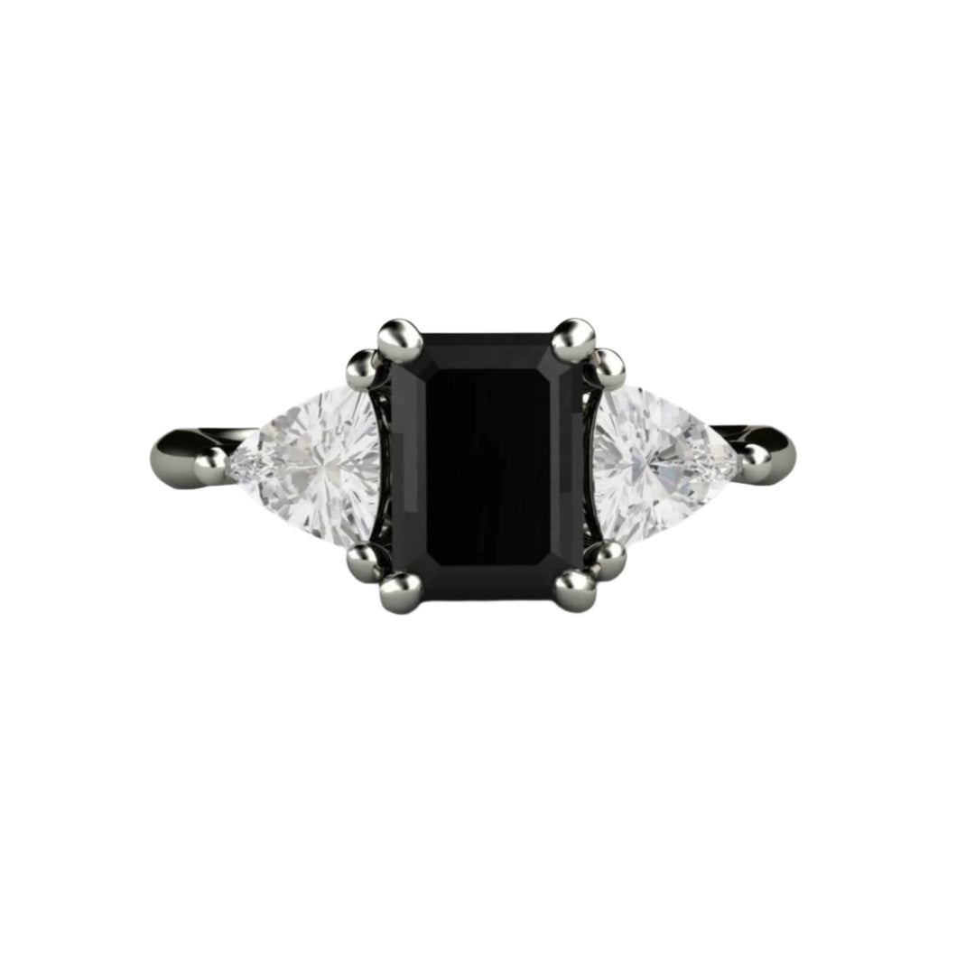 Natural Black Spinel Ring, Black Gemstone Engagement Ring, Three Stone Setting, White Gold