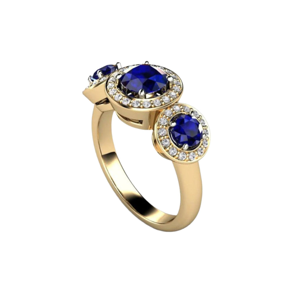 3 Stone Blue Sapphire Engagement Ring with Diamond Halo, Lab Created Sapphire Ring, Round Three Stone Blue Sapphire Ring