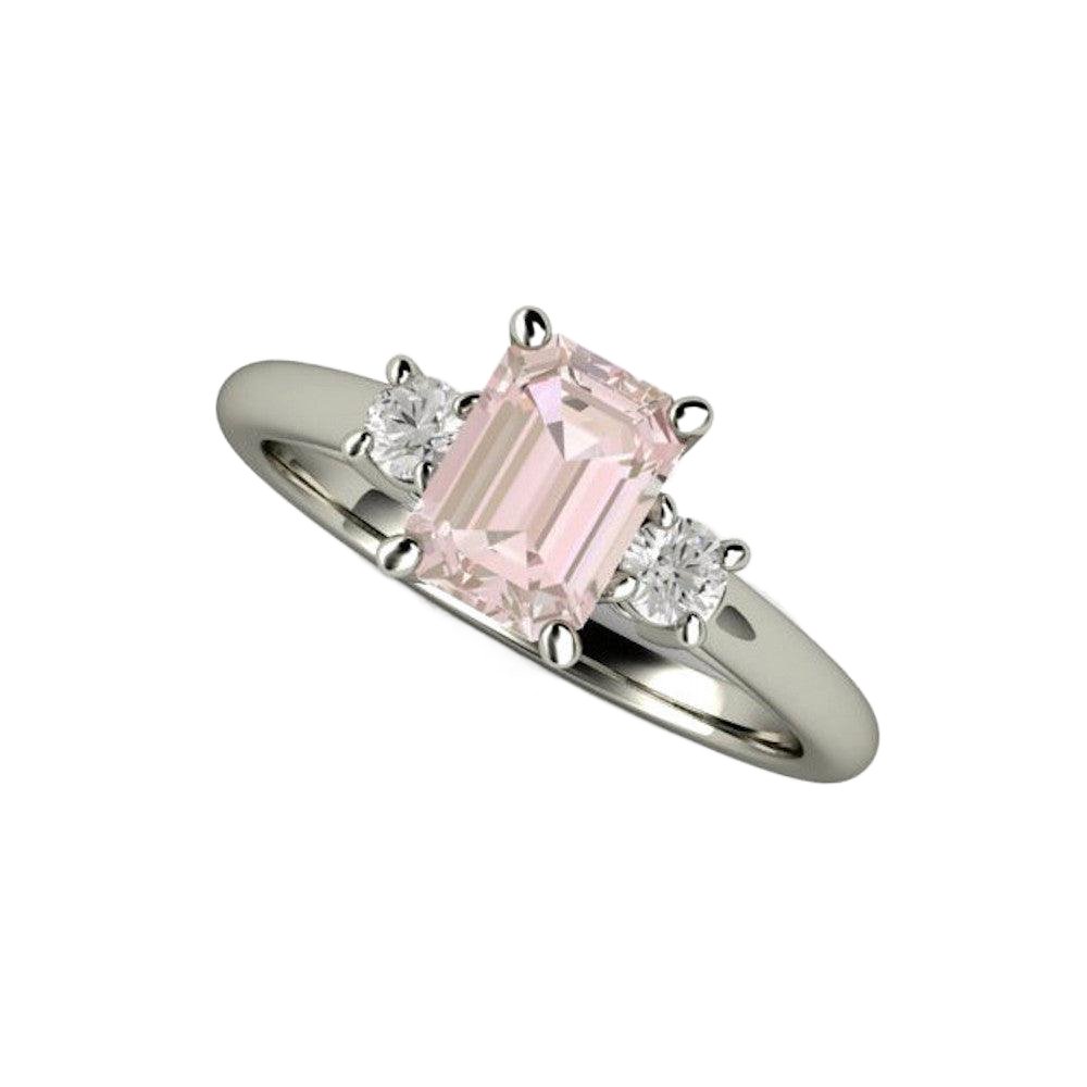 1ct Emerald Cut Morganite Ring 3 Stone with Diamonds - Rare Earth Jewelry