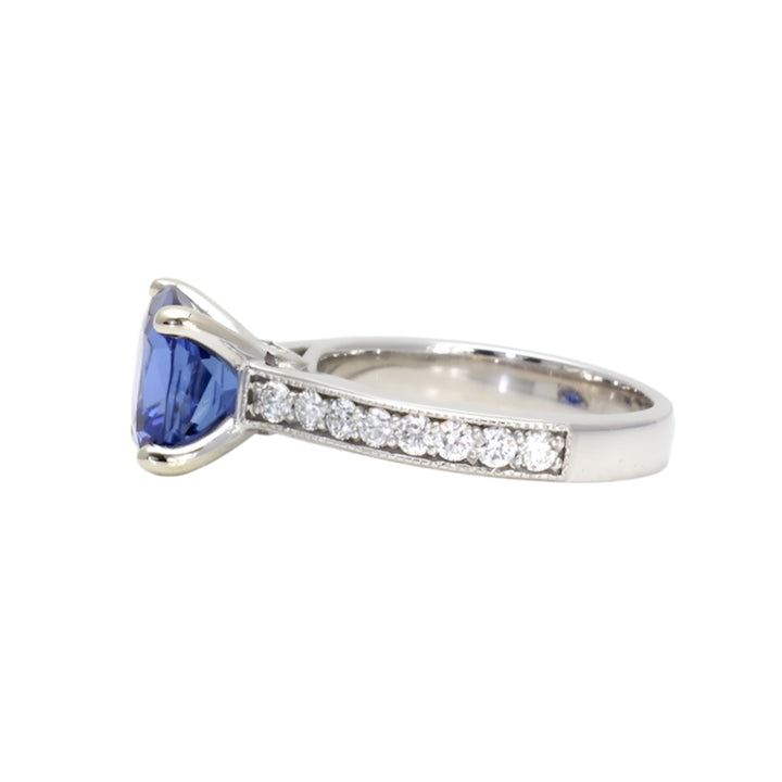 3 Ct Blue Sapphire Engagement Ring, Side View of Cushion Cut Solitaire showing Diamond Accents and Milgrain Detailing | Rare Earth Jewelry