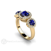 3 Stone Blue Sapphire Engagement Ring with Diamond Halo 14K Yellow Gold - Rare Earth Jewelry