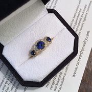 Blue Sapphire Three Stone Engagement Ring with Diamond Halos in Yellow Gold Chatham Blue Sapphire Ring by Rare Earth Jewelry