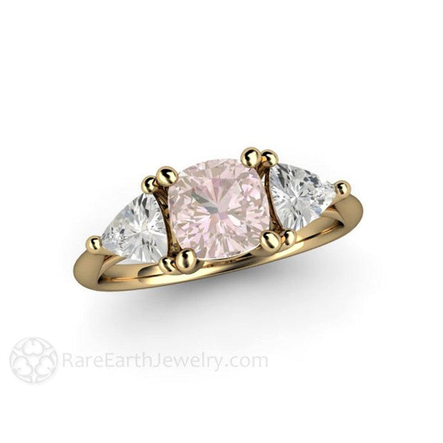 3 Stone Cushion Cut Light Pink Sapphire Ring with White Sapphire Trillions - 14K Yellow Gold - Cushion - Pink - Sapphire - Rare Earth Jewelry
