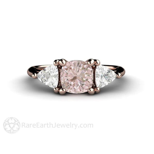 3 Stone Cushion Cut Light Pink Sapphire Ring with White Sapphire Trillions 14K Rose Gold - Rare Earth Jewelry